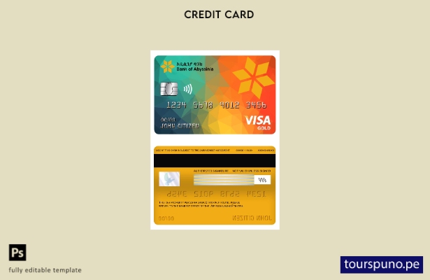 listo para imprimir plantilla de tarjeta dorada visa bancaria del Banco de Etiop